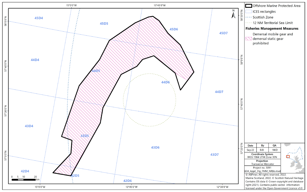 Map of Northwest Rockall Bank SAC showing demersal mobile gear and demersal static gear being prohibited from all but the southern tip of the northeastern protrusion