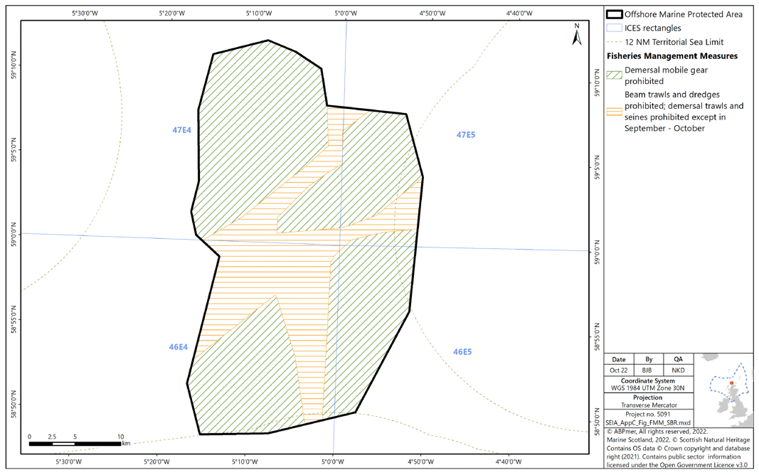 Map of Solan Bank Reef SAC showing beam trawls and dredges prohibited throughout the MPA, with demersal trawls and seines prohibited except during September and October. The Northwest and southeast of the MPA are prohibited for demersal mobile gear at all times, as are two areas protruding towards the centre from the northeast and southwest