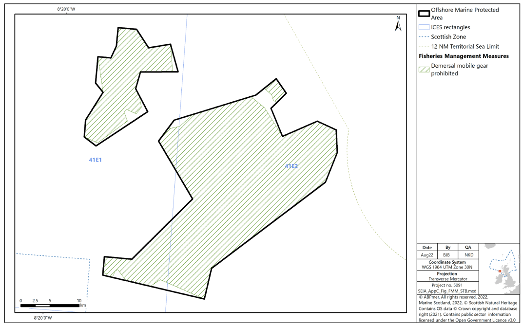 Map of Stanton Banks SAC showing prohibition of demersal mobile gear across almost all of both sectors of the MPA