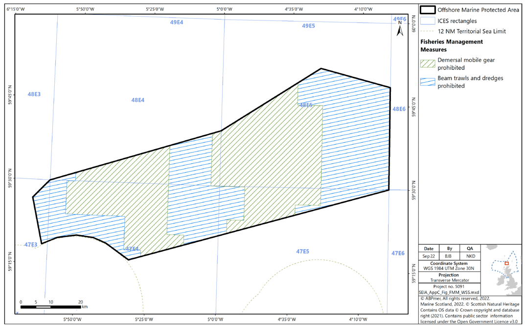 Map of West Shetland Shelf MPA showing beam trawls and dredges being prohibited across the MPA. All demersal mobile gear is prohibited in a large area around a third of the way in from the east, and another area covering all but the westernmost and southernmost extent of the western third of the MPA