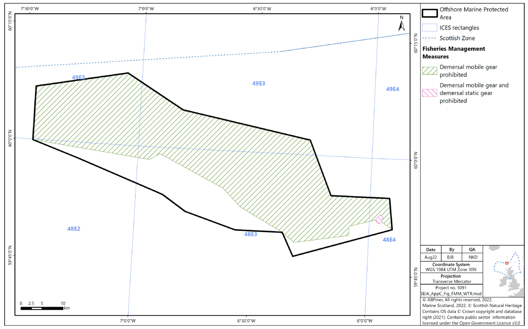 Map of Wyville-Thomson Ridge SAC showing demersal mobile gear being prohibited from all but the southern edge of the MPA. Demersal static gear is additionally prohibited from a small area in the east
