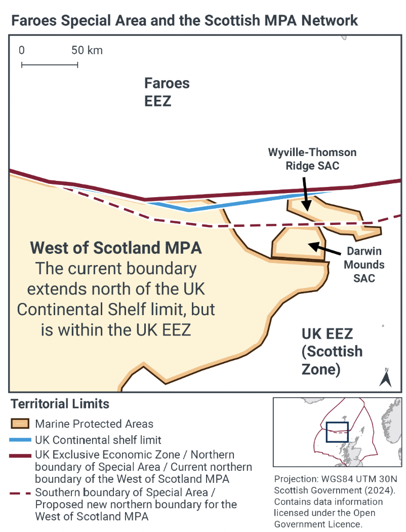Map of the proposed new boundary of the West of Scotland Nature Conservation Marine Protected Area.
The UK Exclusive Economic Zone, which is the current Northern boundary of the West of Scotland MPA, is marked with a solid red line. The new proposed boundary for the West of Scotland MPA is the Southern boundary of the Faroese special area which is marked with a dashed red line.