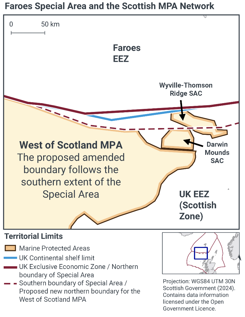 Map of the proposed new boundary of the West of Scotland Nature Conservation Marine Protected Area. The UK Exclusive Economic Zone, which is the current Northern boundary of the West of Scotland MPA, is marked with a solid red line. The new proposed boundary for the West of Scotland MPA is the Southern boundary of the Faroese special area which is marked with a dashed red line.