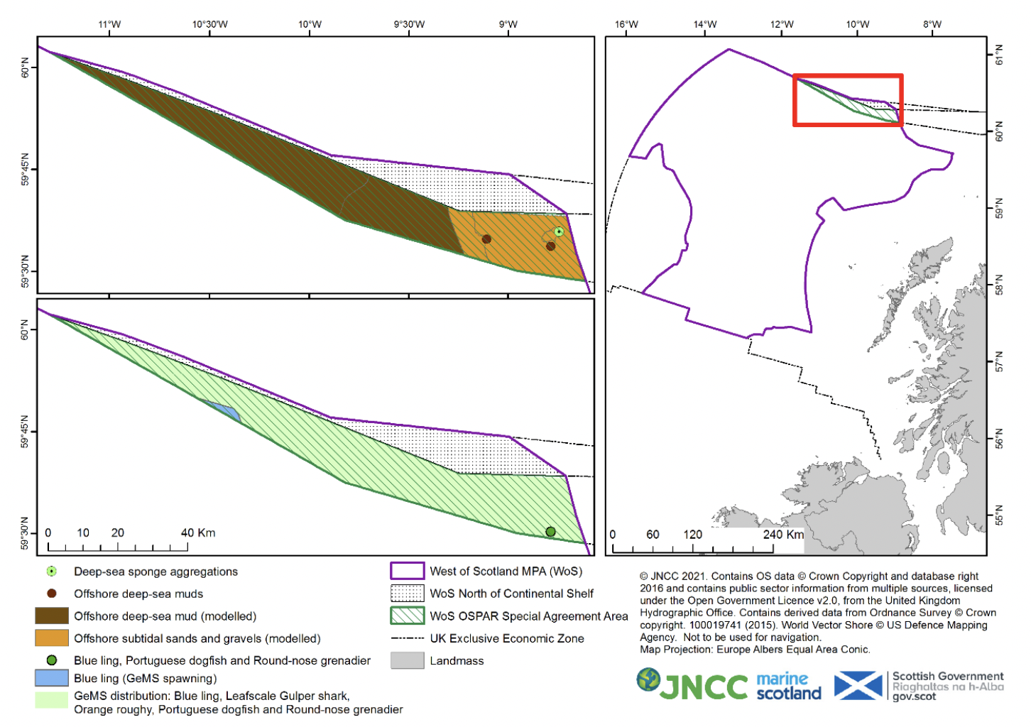 Map of the features that occur within the special area of the West of Scotland Nature Conservation Marine Protected Area. The maps that are on display on the lefthand side are close up images of the sectional piece which is the Faroese special area in the northern area of the West of Scotland MPA. The image at the top of the lefthand side shows the offshore deepsea mud in dark brown, and offshore subtidal sands and gravels in orange. There is also one green point to mark deepsea sponge aggregations. The lower image on the lefthand side highlights the location of species within the special area. This sectional piece is highlighted within the site with a solid red box on the righthand image to show the location of the Faroese special area to the northeast of the West of Scotland MPA.