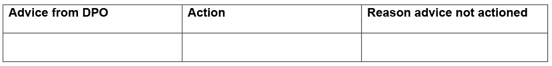 Example table showing collection of Data Protection Office (DPO) advice, any actions required and any reasons the advice is not actioned