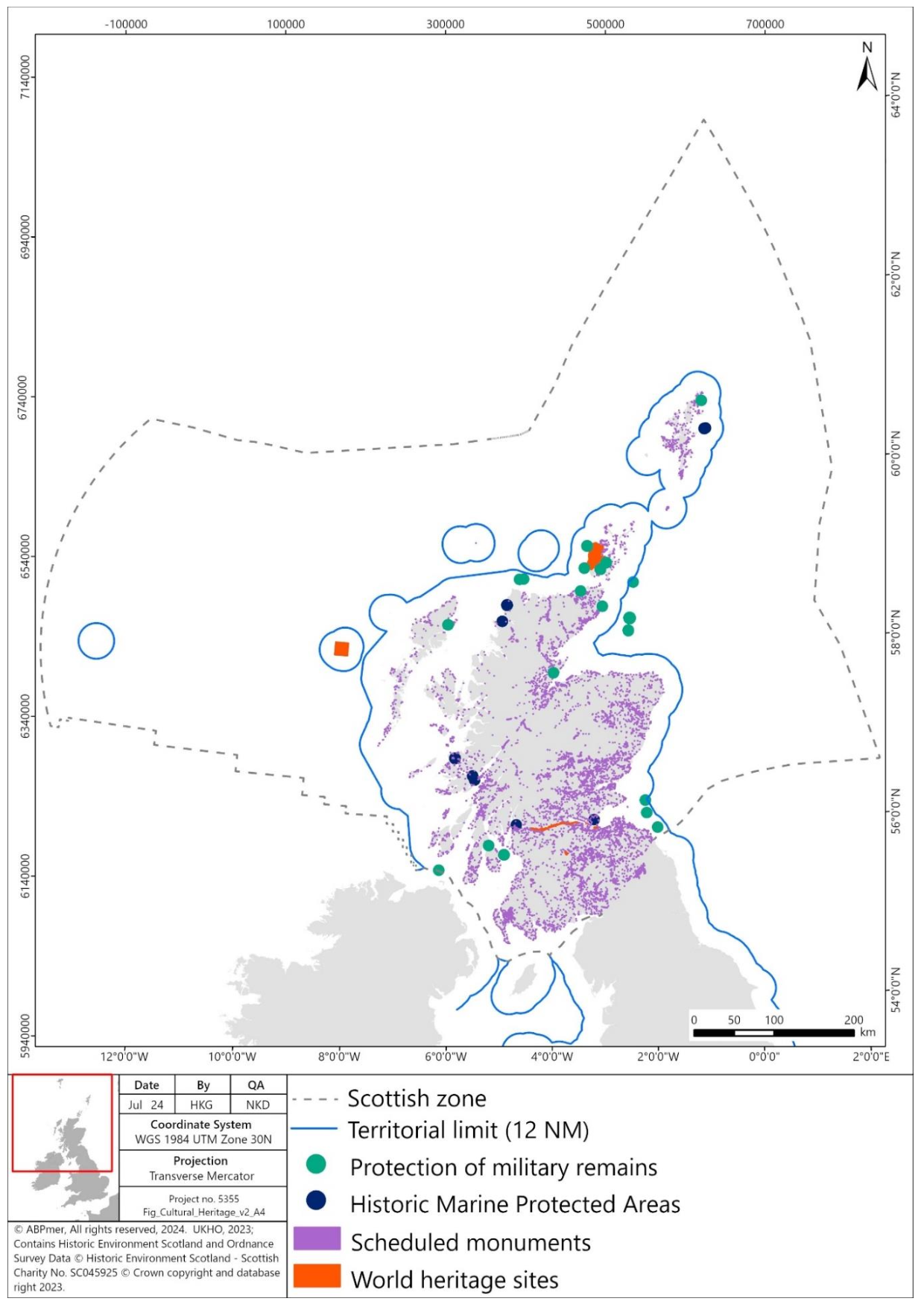Figure showing cultural heritage sites in Scotland including Protection of Military Re-mains, Historic MPAs, Scheduled Monuments, and WHS. All types of cultural heritage sites are shown in Scottish inshore waters. The territorial limit of Scotland’s waters (12 nautical miles) is also shown
