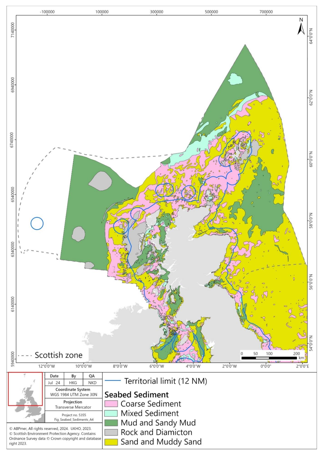 Figure showing a map of Scotland and the seabed habitat sediments in Scotland. Map shows presence of coarse sediment; mixed sediment; mud and sandy mud; rock and diamicton; and sand and muddy sand. The territorial limit of Scotland’s waters (12 nautical miles) is also shown.
