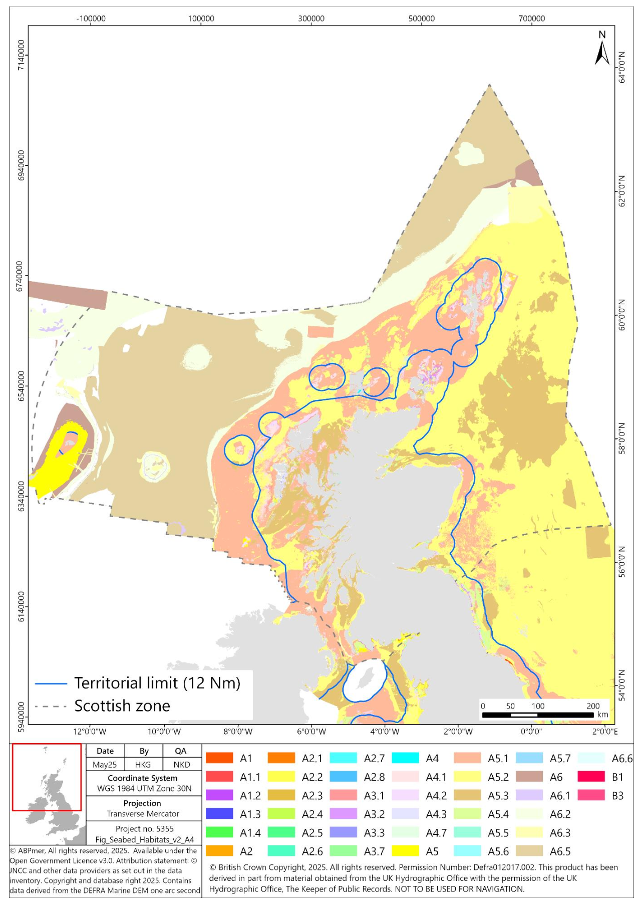 Figure showing a map of Scotland and the seabed habitats in Scottish waters. Map shows presence of a wide range of habitats, the full details of which are provided in Table 14. The territorial limit of Scotland’s waters (12 nautical miles) is also shown.