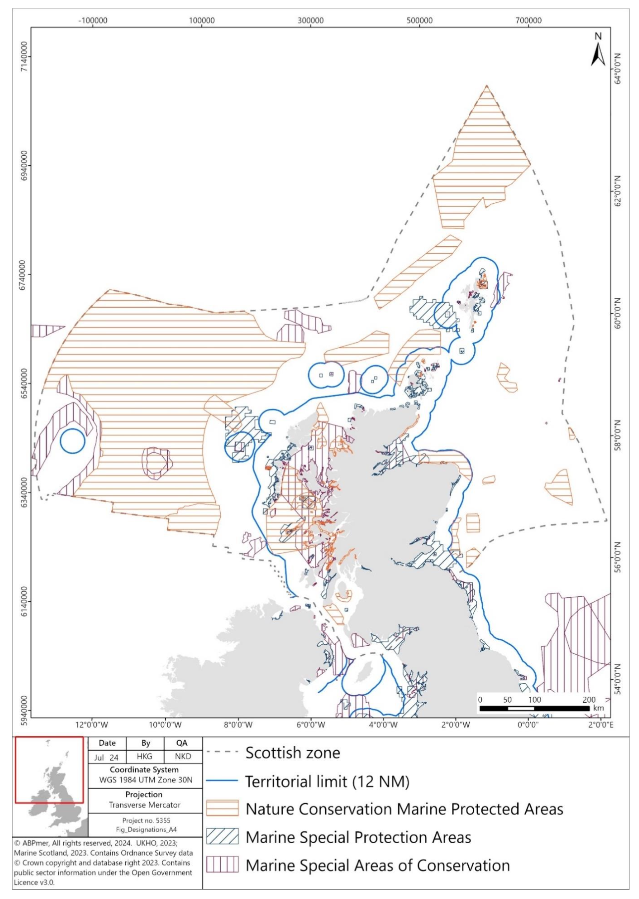 Figure showing a map of Scotland and the SAC, nature conservation MPA, and SPA sites in Scottish waters. The territorial limit of Scotland’s waters (12 nautical miles) is also shown.