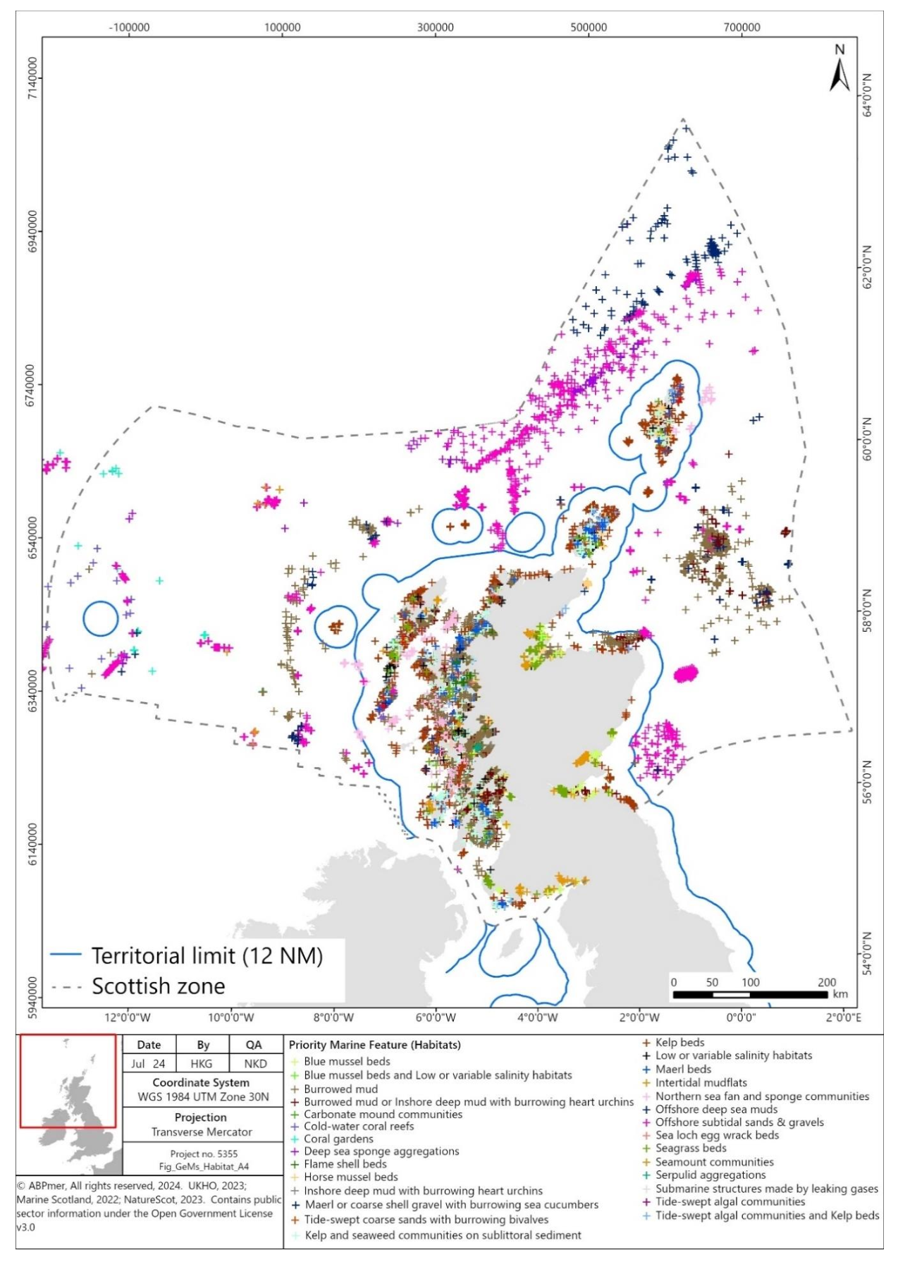 Figure showing a map of Scotland and GEMS habitat data in Scottish waters. Map shows a wide range of PMF habitats found through Scottish waters. Further details are provided in section 1.3.37. The territorial limit of Scotland’s waters (12 nautical miles) is also shown.