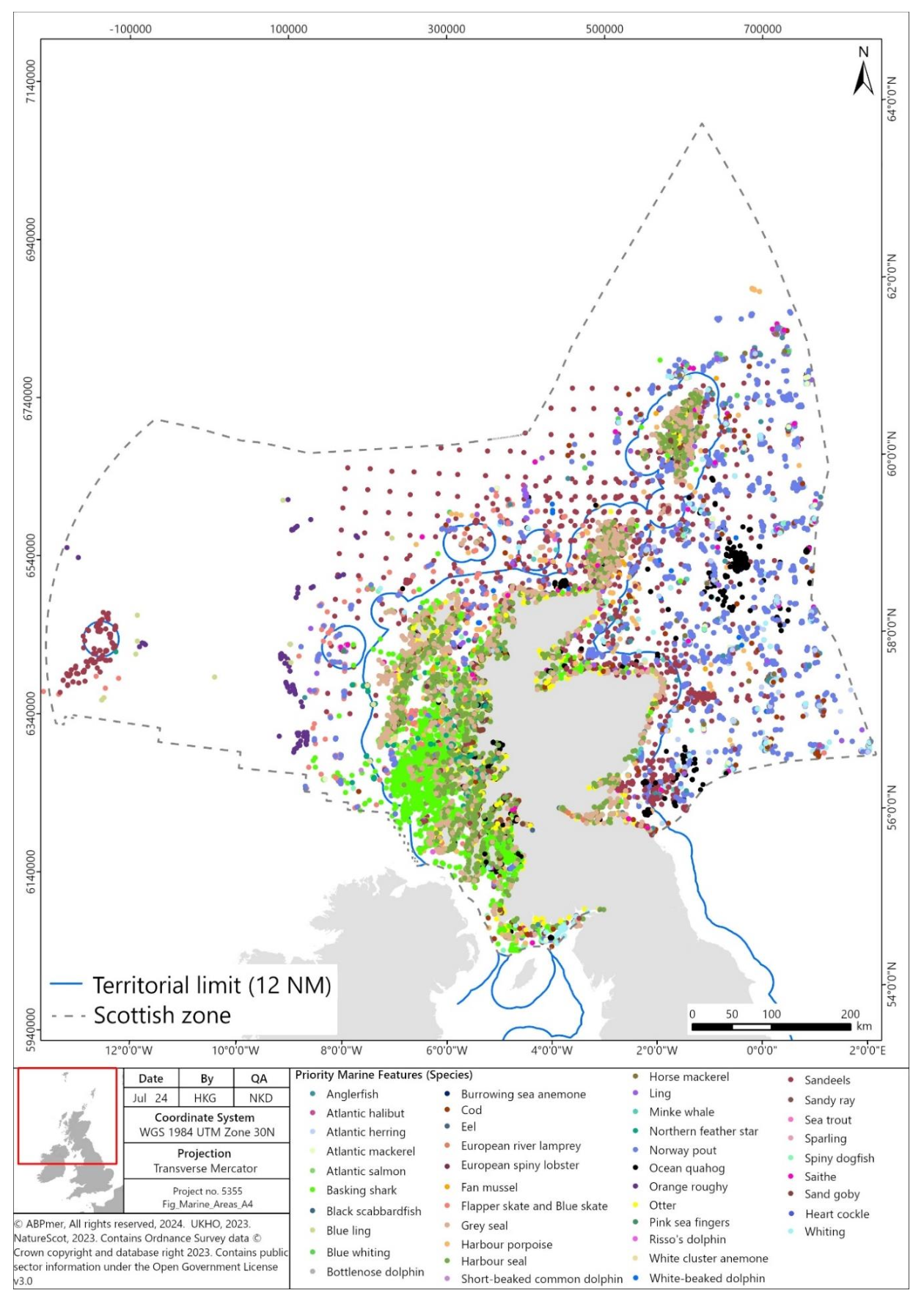 Figure showing a map of Scotland and GEMS species data in Scottish waters. Map shows a wide range of PMF species found through Scottish inshore waters. Further details are provided in section 1.3.37. The territorial limit of Scotland’s waters (12 nautical miles) is also shown.