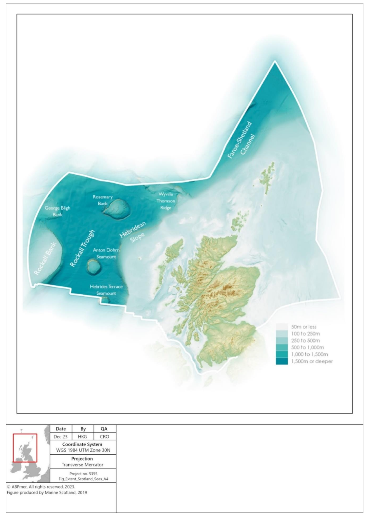 Figure showing the major physiographical features of the Scottish marine environment. Map shows bathymetry and locations of major physiographical features, including the Rockall Trough, Hebridean Slope, Wyville Thomson Ridge, Rosemary Bank, Hebridean Terrace Seamount, George Bligh Bank, and Rockall Bank. Water depths move from 50m or less inshore to 1,500 m or deeper in offshore waters.