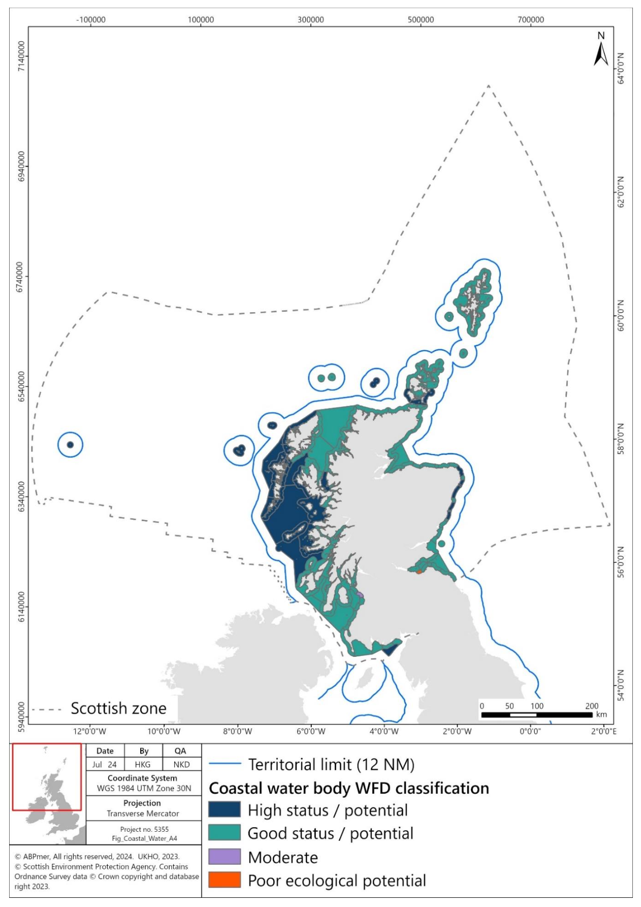 Figure showing classification of coastal and transitional water bodies under WFD. Waters shown to be mostly of high status/potential and good status/potential. The territorial limit of Scotland’s waters (12 nautical miles) is also shown.