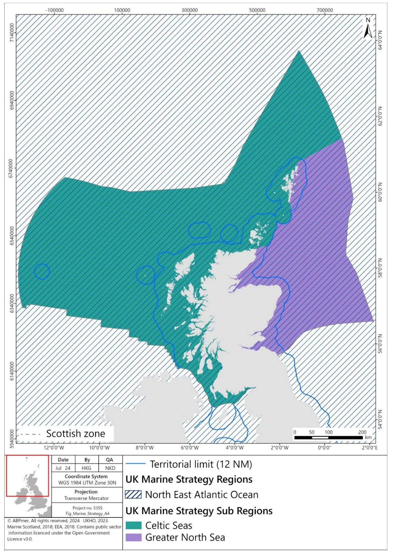 Figure showing UK Marine Strategy region and subregions. The North East Atlantic Ocean Marine Strategy region covers all Scottish waters. The Celtic Seas subregion is shown to the west of Scotland and the Greater North Sea subregion to the east of Scotland. The territorial limit of Scotland’s waters (12 nautical miles) is also shown.