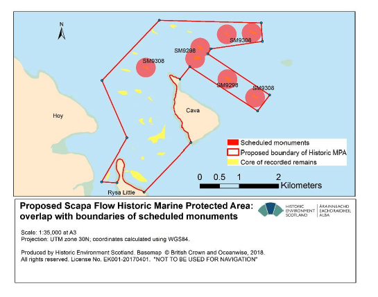 Map showing scheduled monument overlaps within the proposed Scapa Flow MPA boundary