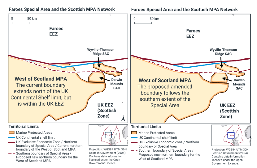 Left: Map of the West of Scotland NCMPA showing the proposed new northern boundary removing the Special Area south of the UK Continental Shelf Limit. Right: Map of the West of Scotland NCMPA showing the current boundary.