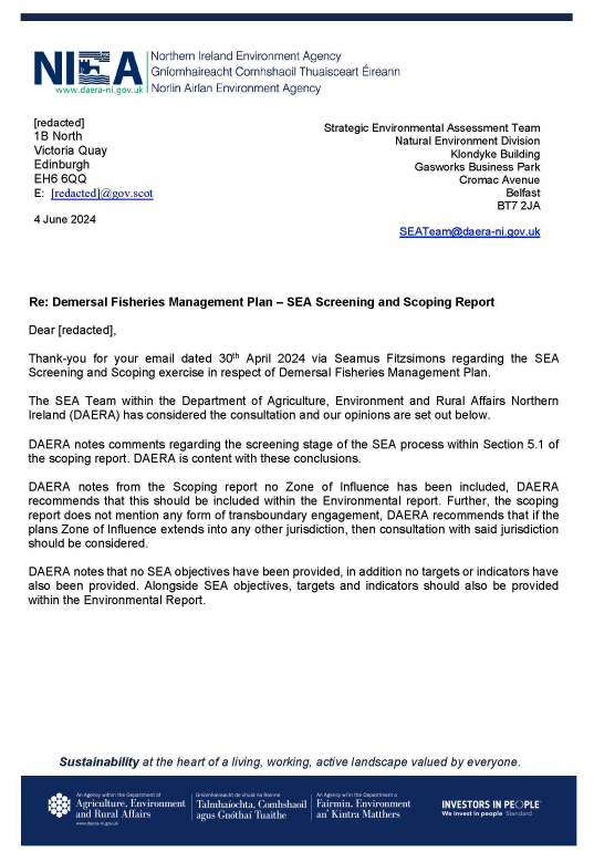 Statutory consultees formal response on the Scoping Reports for the Strategic Environmental Assessment (SEA) relating to the draft Fisheries Management Plans (FMPs) for demersal fish stocks coordinated by the Scottish Government.