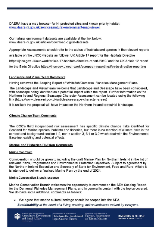 Statutory consultees formal response on the Scoping Reports for the Strategic Environmental Assessment (SEA) relating to the draft Fisheries Management Plans (FMPs) for demersal fish stocks coordinated by the Scottish Government.