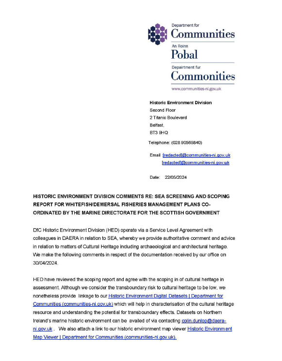 Statutory consultees formal response on the Scoping Reports for the Strategic Environmental Assessment (SEA) relating to the draft Fisheries Management Plans (FMPs) for demersal fish stocks coordinated by the Scottish Government.