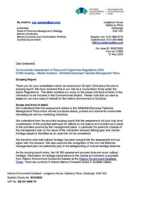 Statutory consultees formal response on the Scoping Reports for the Strategic Environmental Assessment (SEA) relating to the draft Fisheries Management Plans (FMPs) for demersal fish stocks coordinated by the Scottish Government.