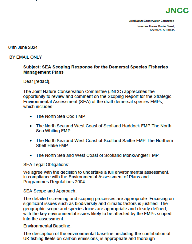 Statutory consultees formal response on the Scoping Reports for the Strategic Environmental Assessment (SEA) relating to the draft Fisheries Management Plans (FMPs) for demersal fish stocks coordinated by the Scottish Government.