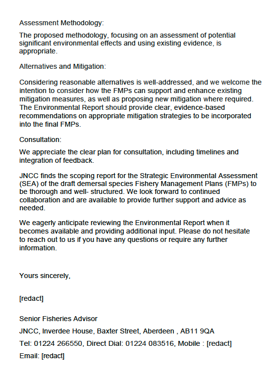 Statutory consultees formal response on the Scoping Reports for the Strategic Environmental Assessment (SEA) relating to the draft Fisheries Management Plans (FMPs) for demersal fish stocks coordinated by the Scottish Government.