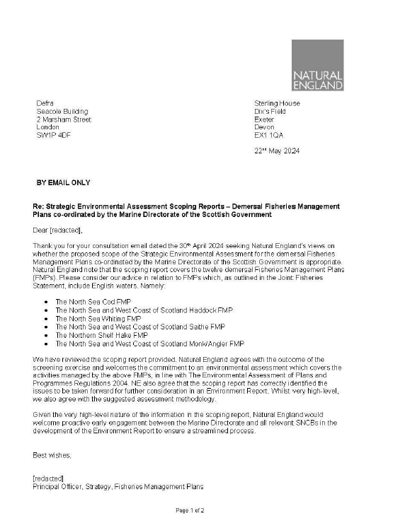 Statutory consultees formal response on the Scoping Reports for the Strategic Environmental Assessment (SEA) relating to the draft Fisheries Management Plans (FMPs) for demersal fish stocks coordinated by the Scottish Government.