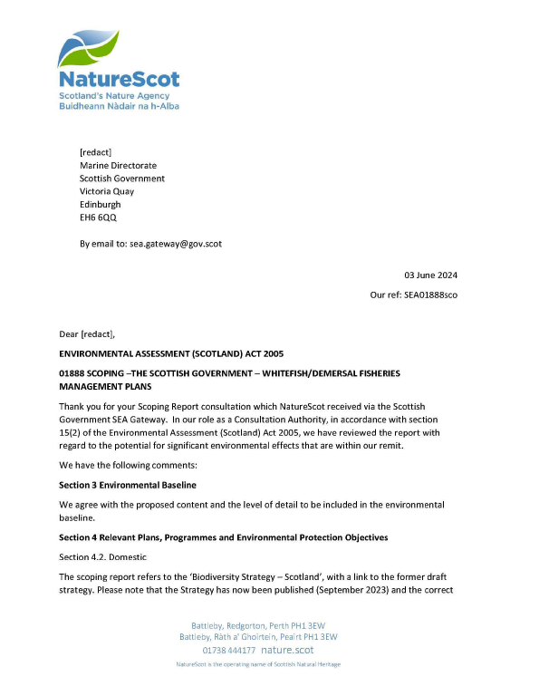 Statutory consultees formal response on the Scoping Reports for the Strategic Environmental Assessment (SEA) relating to the draft Fisheries Management Plans (FMPs) for demersal fish stocks coordinated by the Scottish Government.