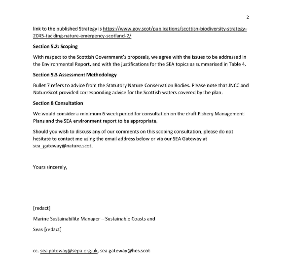 Statutory consultees formal response on the Scoping Reports for the Strategic Environmental Assessment (SEA) relating to the draft Fisheries Management Plans (FMPs) for demersal fish stocks coordinated by the Scottish Government.