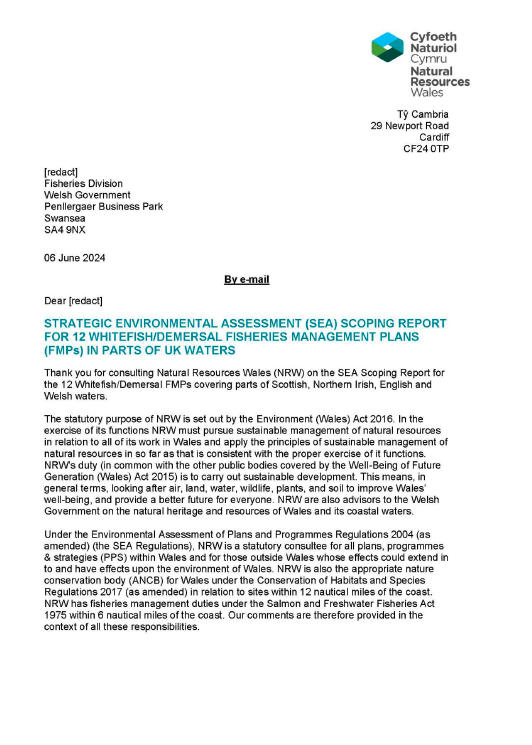 Statutory consultees formal response on the Scoping Reports for the Strategic Environmental Assessment (SEA) relating to the draft Fisheries Management Plans (FMPs) for demersal fish stocks coordinated by the Scottish Government.