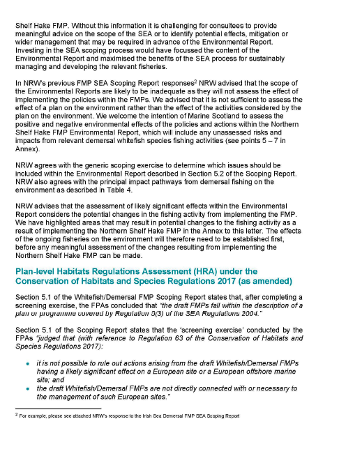 Statutory consultees formal response on the Scoping Reports for the Strategic Environmental Assessment (SEA) relating to the draft Fisheries Management Plans (FMPs) for demersal fish stocks coordinated by the Scottish Government.