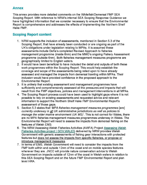 Statutory consultees formal response on the Scoping Reports for the Strategic Environmental Assessment (SEA) relating to the draft Fisheries Management Plans (FMPs) for demersal fish stocks coordinated by the Scottish Government.