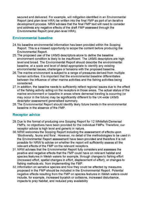 Statutory consultees formal response on the Scoping Reports for the Strategic Environmental Assessment (SEA) relating to the draft Fisheries Management Plans (FMPs) for demersal fish stocks coordinated by the Scottish Government.