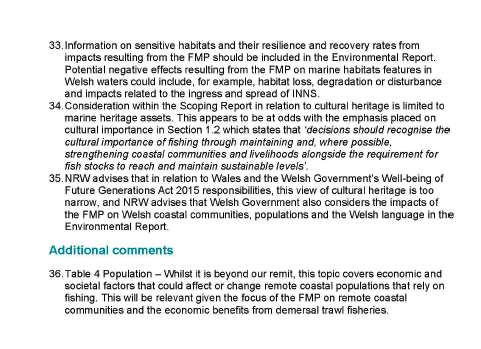 Statutory consultees formal response on the Scoping Reports for the Strategic Environmental Assessment (SEA) relating to the draft Fisheries Management Plans (FMPs) for demersal fish stocks coordinated by the Scottish Government.