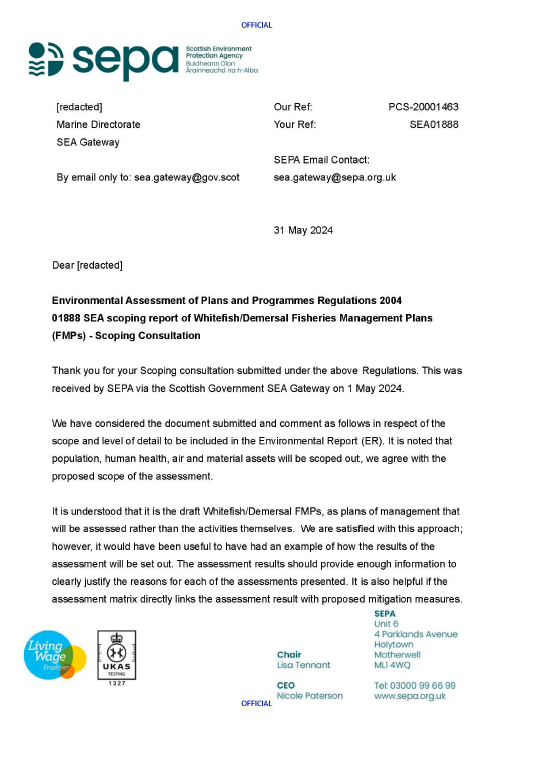 Statutory consultees formal response on the Scoping Reports for the Strategic Environmental Assessment (SEA) relating to the draft Fisheries Management Plans (FMPs) for demersal fish stocks coordinated by the Scottish Government.