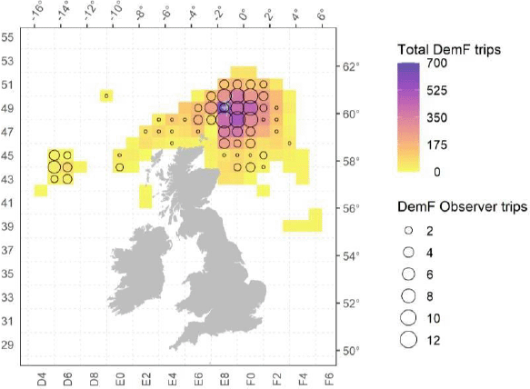 Heat map showing total number of fleet vs observer trips for Demersal fisheries.