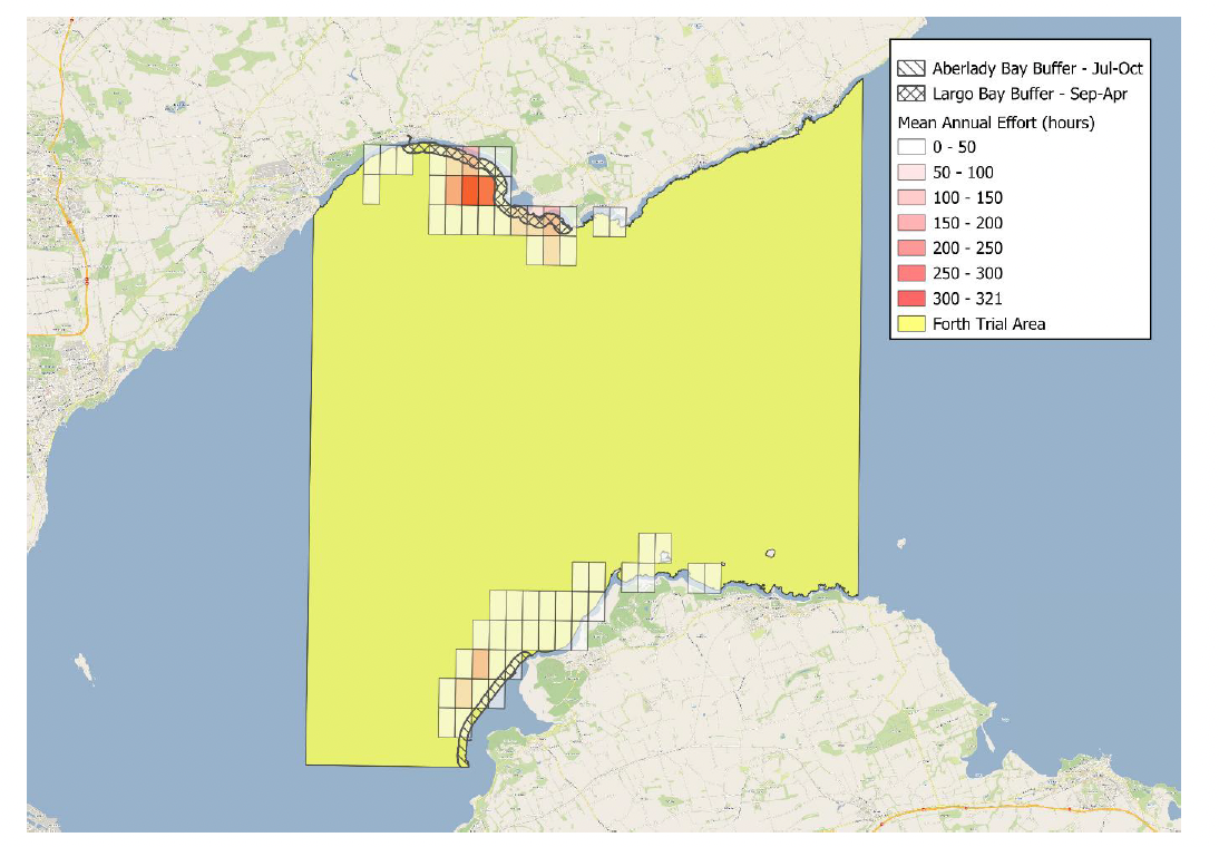 A map of the Forth trial area within the Outer Firth of Forth and St. Andrews Bay Complex SPA with proposed buffer zones and fishing effort maps.