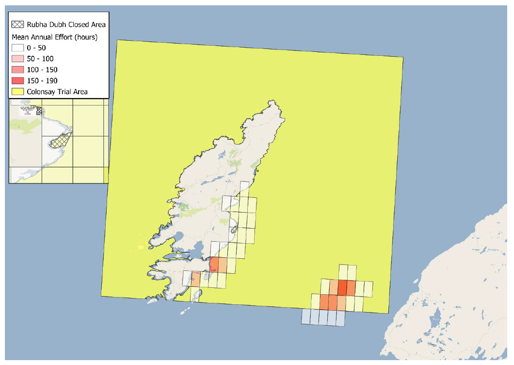 A map of Colonsay trial area showing the fishing effort around Colonsay and Oronsay with the proposed closure of Whistler's Bay inset.
