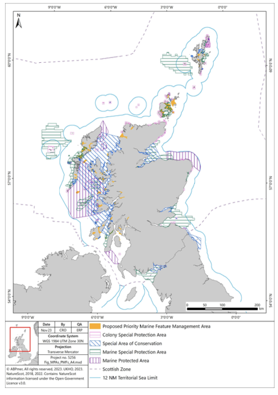 A map of Scottish waters showing the inshore MPAs and PMF areas under consideration for fisheries management measures.
