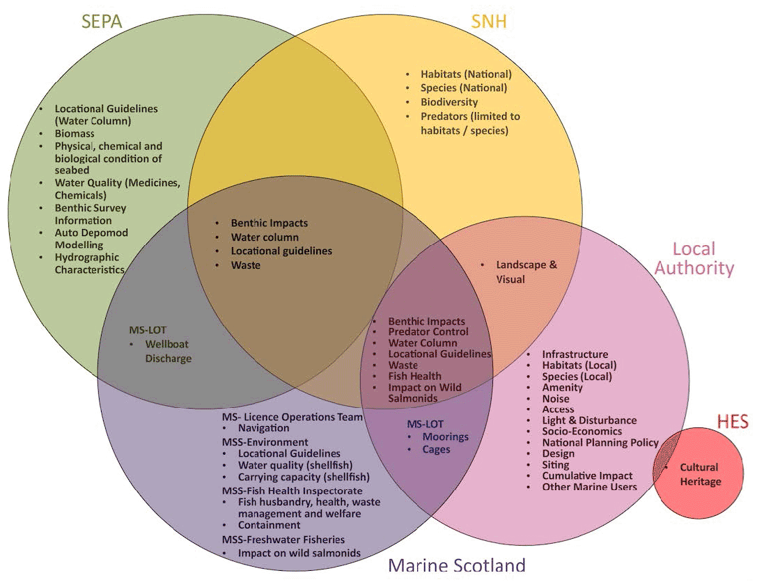 Figure 4.12: Venn diagram illustrating cross-over in topic areas for key regulators and statutory consultees Figure 4.12: Venn diagram illustrating cross-over in topic areas for key regulators and statutory consultees