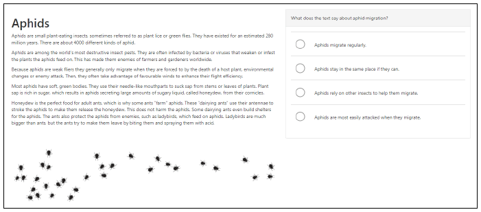 Figure 13: Example of a P7 reading stimulus text with a Finding and using information question, ‘Aphids Question 4’