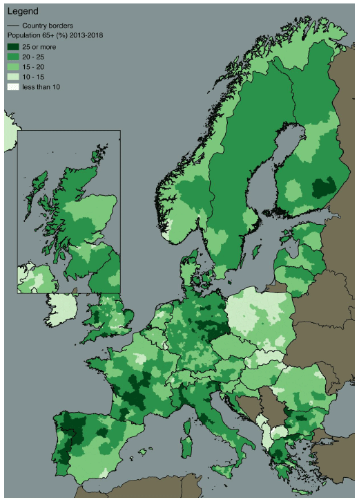 Figure 1.14 Population aged 65+ by NUTS 3 region (percent), 2013-2017 Figure 1.14 Population aged 65+ by NUTS 3 region (percent), 2013-2017