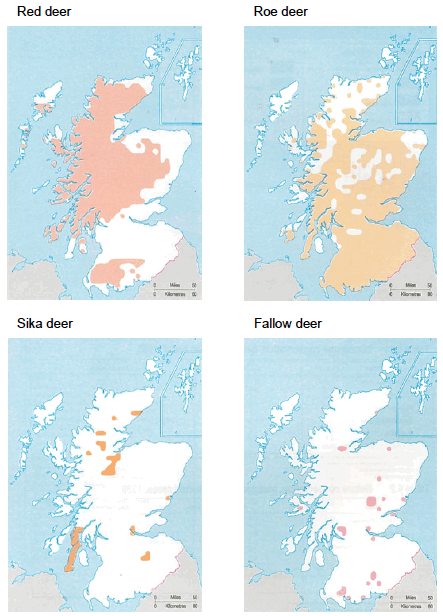 Figure 4 Distributions of wild deer in Scotland in 1990