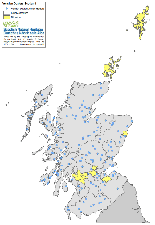 Figure 25 Distribution of venison dealers in Scotland (2018)
