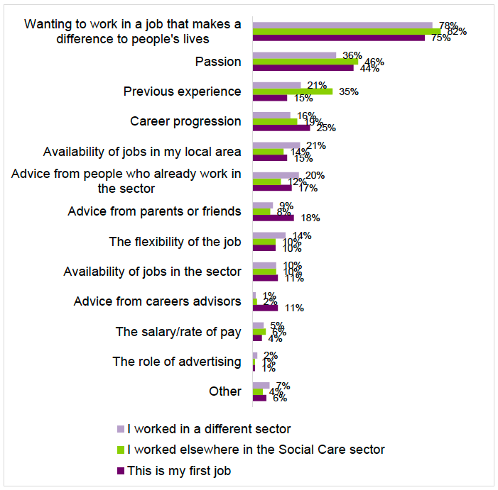 Figure 4.1: Factors influencing the decision to choose a social care career in adult services, by job type