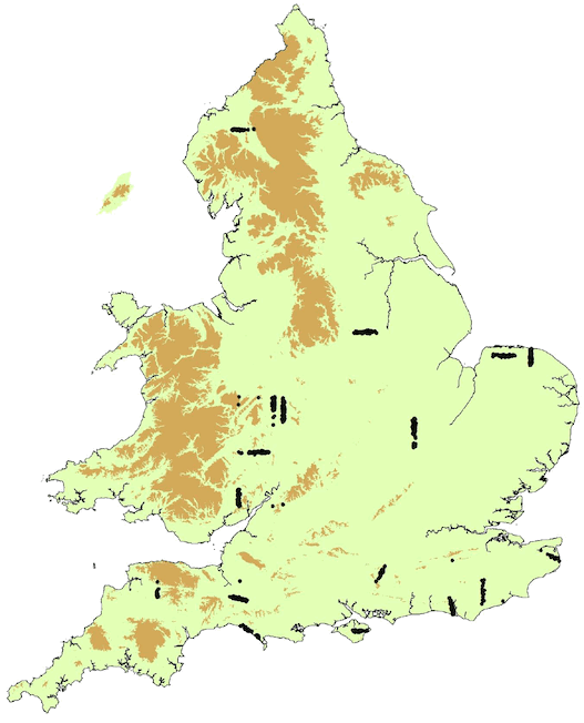 Map of Evans’ field soil erosion survey locations in England