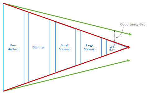 This diagram shows where an opportunity gap exists in the ecosystem funnel process between becoming a potential founder to a unicorn and illustrates that not all start-ups become scale-ups and not all scale-ups become unicorns.