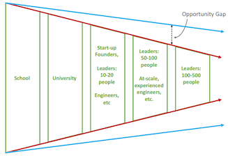 This diagram shows where an opportunity gap exists in the educational funnel process between becoming a potential founder to a unicorn and illustrates that not all computing science students can or should found a start-up.