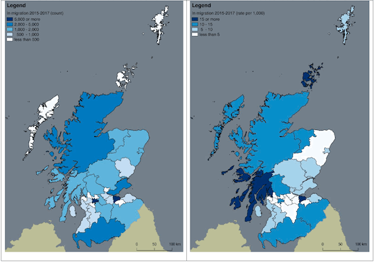 Maps showing in-migration count and rate by local authority. Darker colours depict higher.