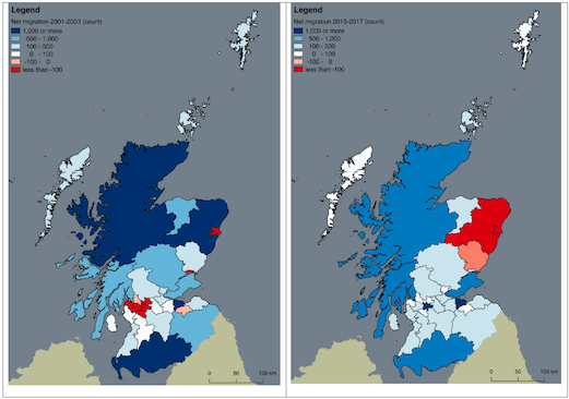 Maps showing net migration by local authority in 2001-03 and 2015-17. Blue colours depict higher.